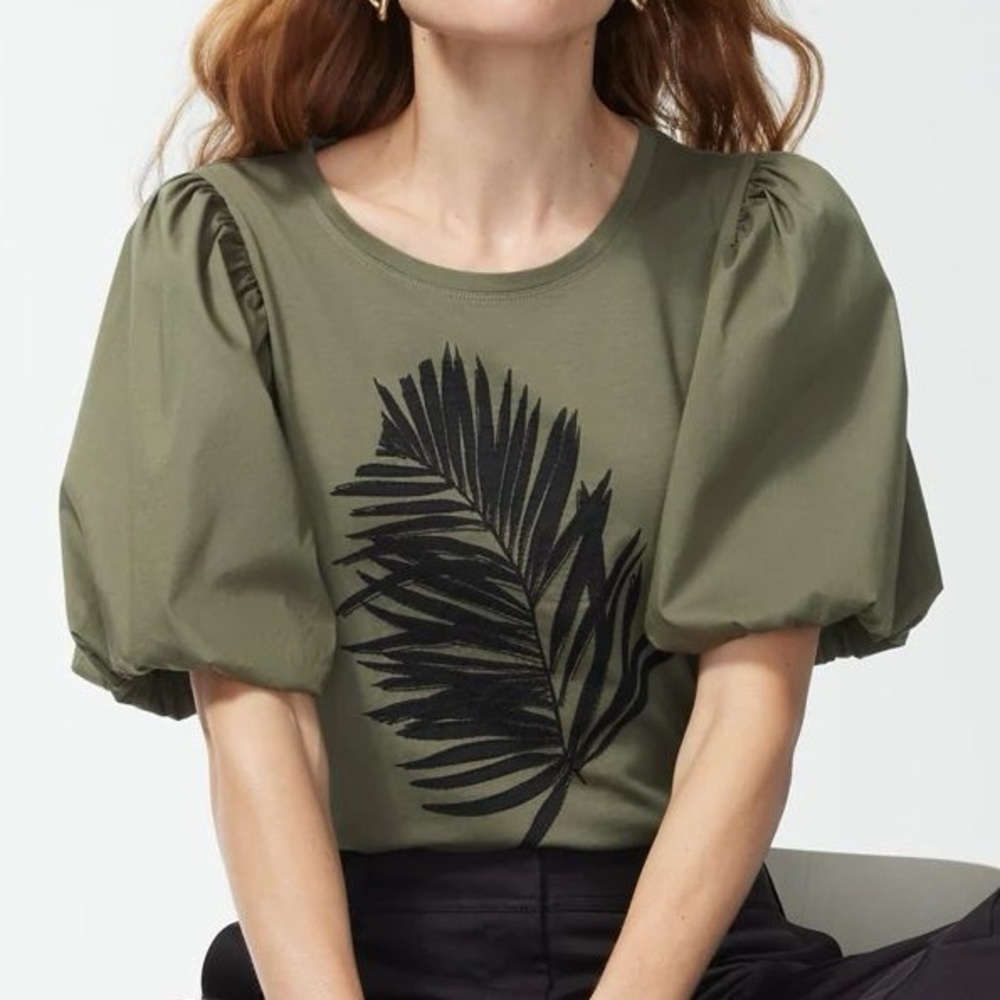 Chico's Moss Green Palm Leaf Embellished Puff Sleeve Tee (Plus‎ Size XXL)